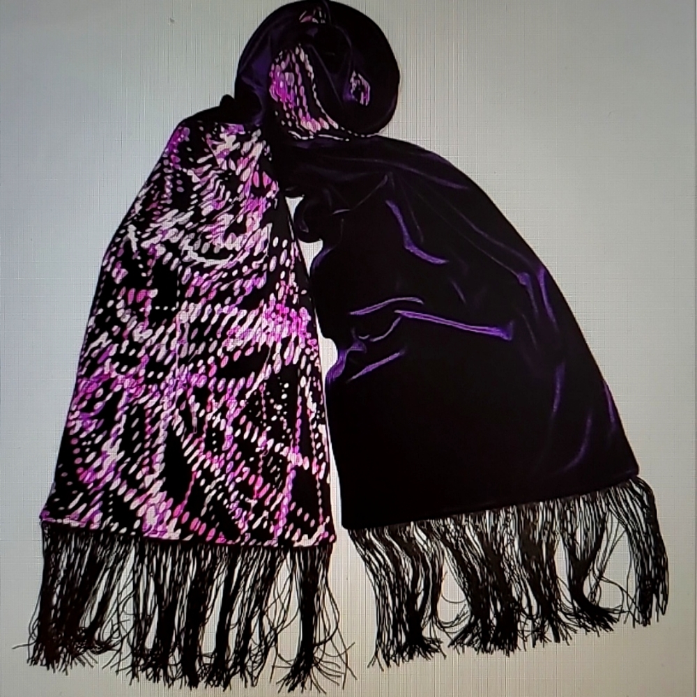 Dark Purple Velvet and Multi Print Neck Scarf, Shawl and Wrap with Black Fringe